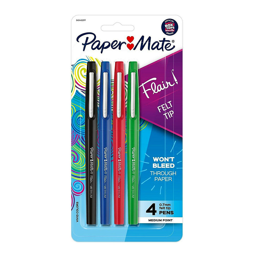 Paper Mate Flair Felt Pens, Medium Point, Assorted Ink, 4 Ea